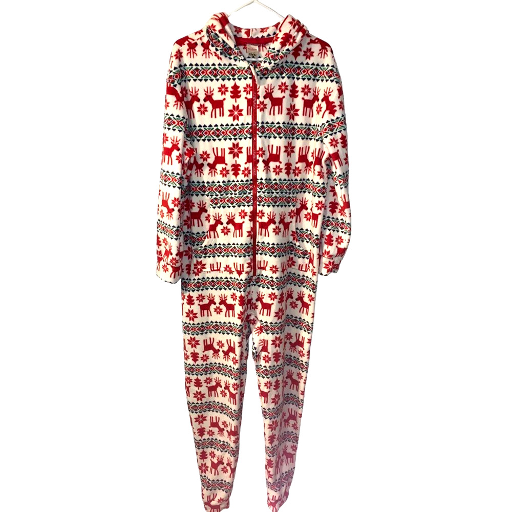 Hanna Andersson Red and White Holiday Reindeer Zip One-Piece Pajama